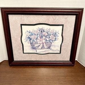 Jo Moulton Framed Print Beautiful Basket of Flowers 16"x13 1/2" Signed Mauve